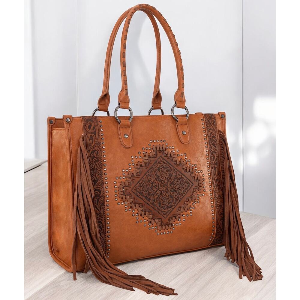 Fringe Tooled Tote Bag - Brown